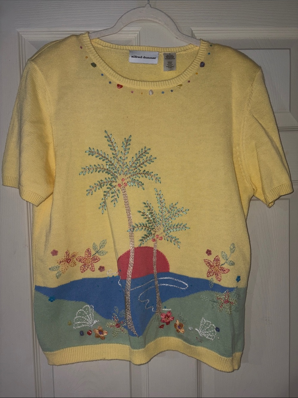 Alfred Dunner Yellow Short-Sleeve Palm Tree Embellished Knit Top